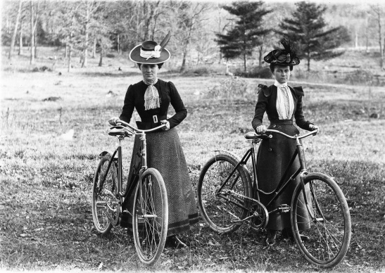 Two women stop during a bicycle ride around the Schenectady area, circa 1900