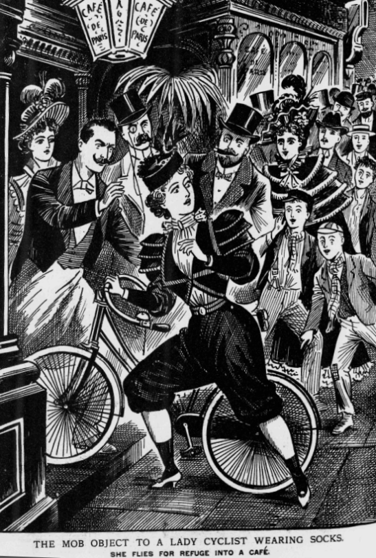 In 1897 the Illustrated Police News reported on an incident in Paris when an outraged crowd forced a lady cyclist to flee into a nearby café and escape through the back door after her cycling costume caused consternation
